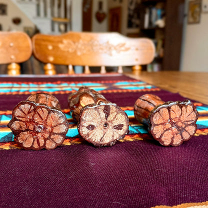 Set of 3 Vintage Hand-Carved Chrysanthemum Live Edge Wooden Candle Holders