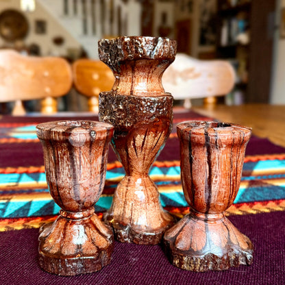 Set of 3 Vintage Hand-Carved Chrysanthemum Live Edge Wooden Candle Holders
