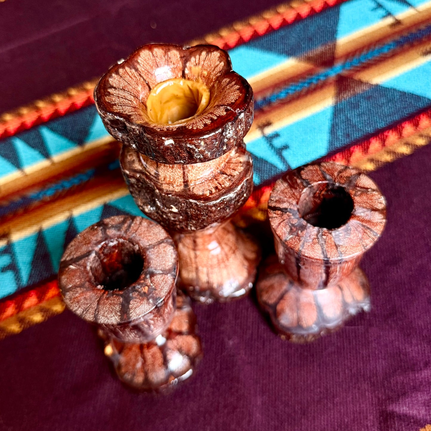 Set of 3 Vintage Hand-Carved Chrysanthemum Live Edge Wooden Candle Holders