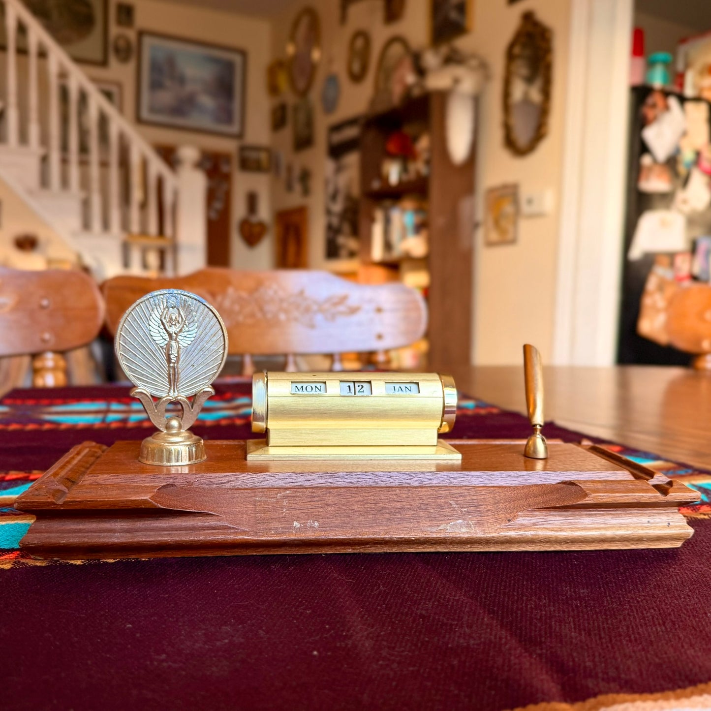 Vintage Wooden Perpetual Desk Calendar with Pen Holder and Graduation Medal