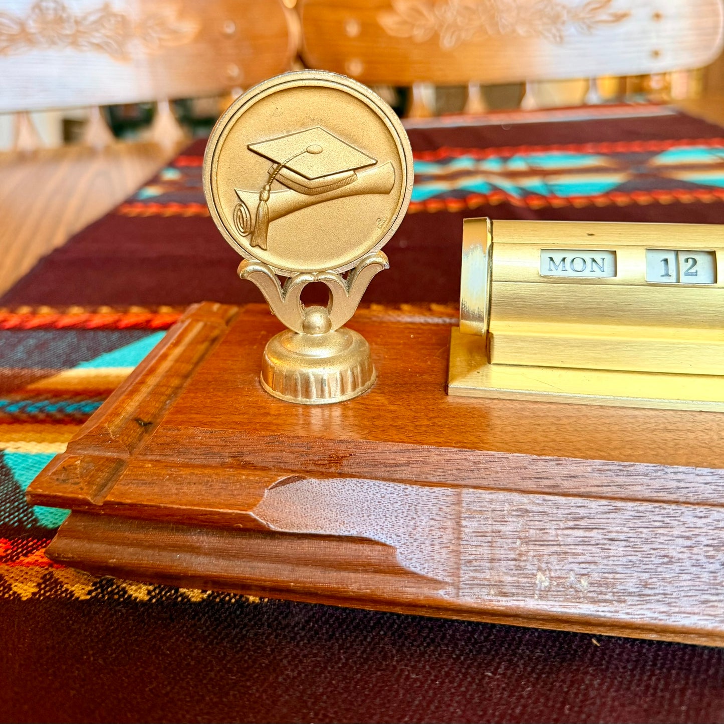 Vintage Wooden Perpetual Desk Calendar with Pen Holder and Graduation Medal