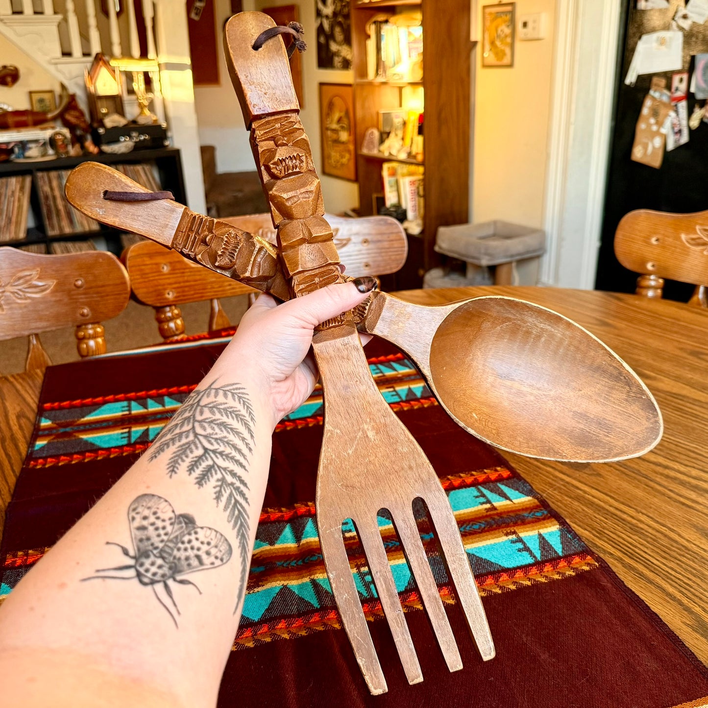 Vintage Large Wooden Hand Carved Wall Hanging Tiki Style Spoon & Fork