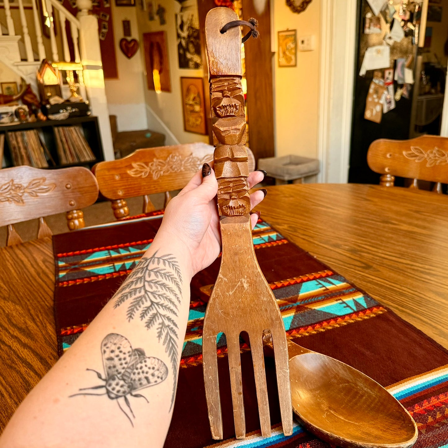 Vintage Large Wooden Hand Carved Wall Hanging Tiki Style Spoon & Fork