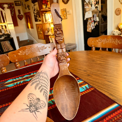 Vintage Large Wooden Hand Carved Wall Hanging Tiki Style Spoon & Fork