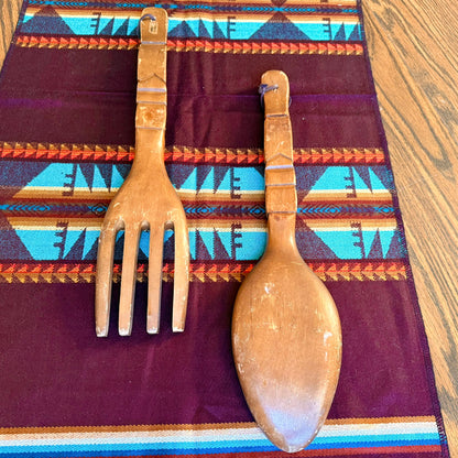 Vintage Large Wooden Hand Carved Wall Hanging Tiki Style Spoon & Fork