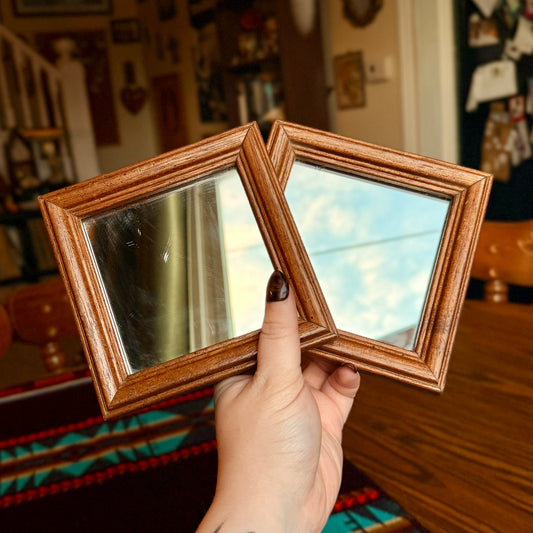 Vintage Set of Two Small Diamond or Square Wood Framed Mirrors