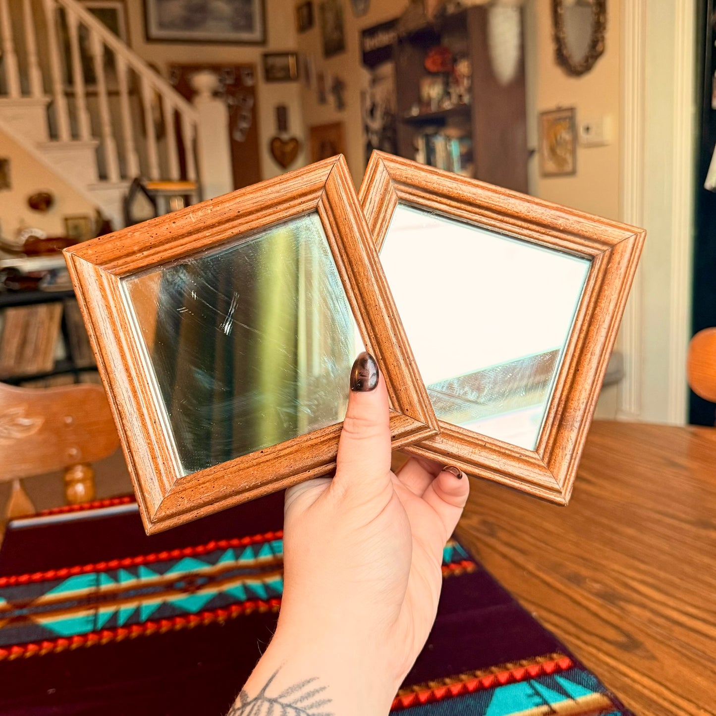 Vintage Set of Two Small Diamond or Square Wood Framed Mirrors