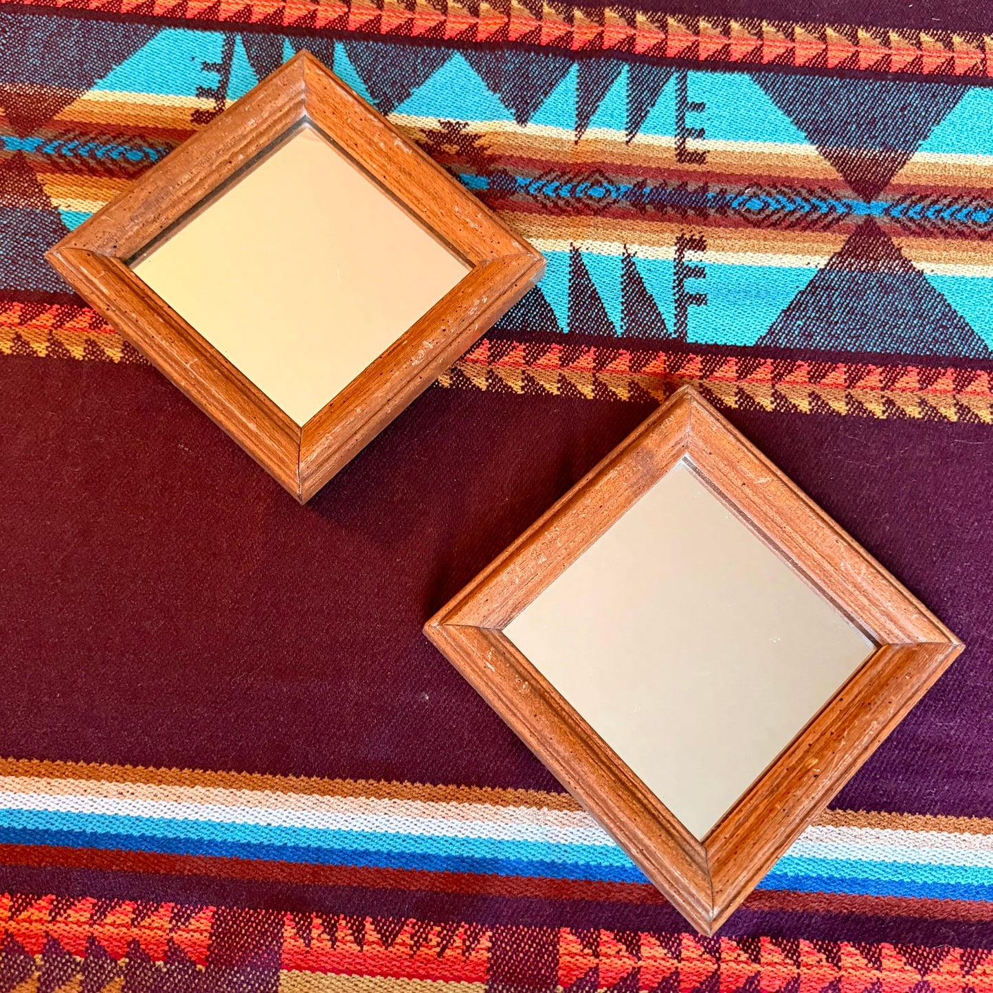 Vintage Set of Two Small Diamond or Square Wood Framed Mirrors