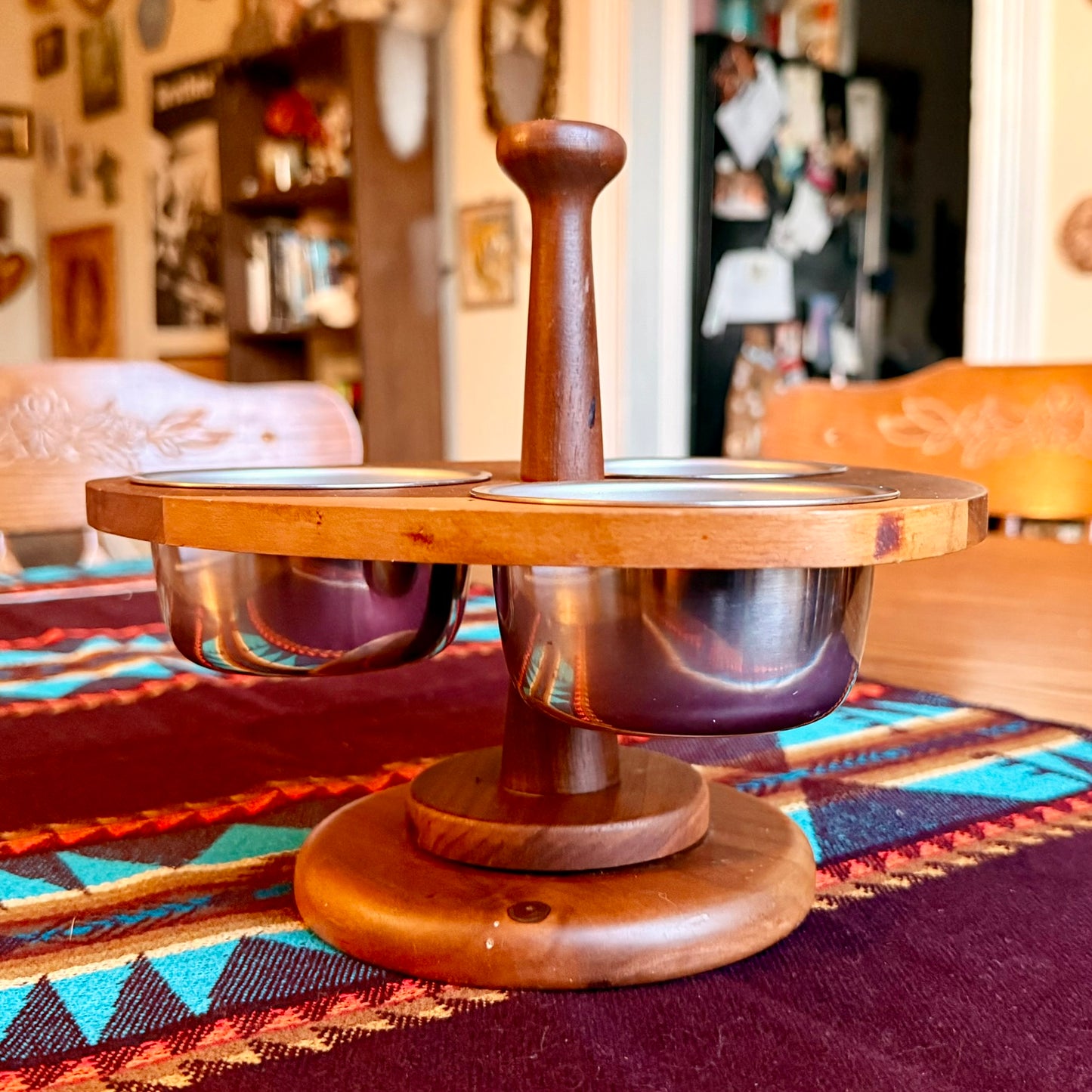 Vintage Handmade Amish Solid Walnut Lazy Susan Condiment Caddy