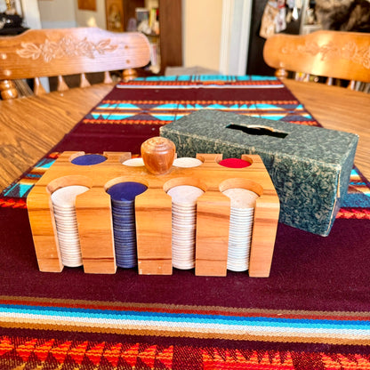 Vintage Mid-Century Modern Solid Wood Poker Chip Caddy with Wooden Chips & Cover