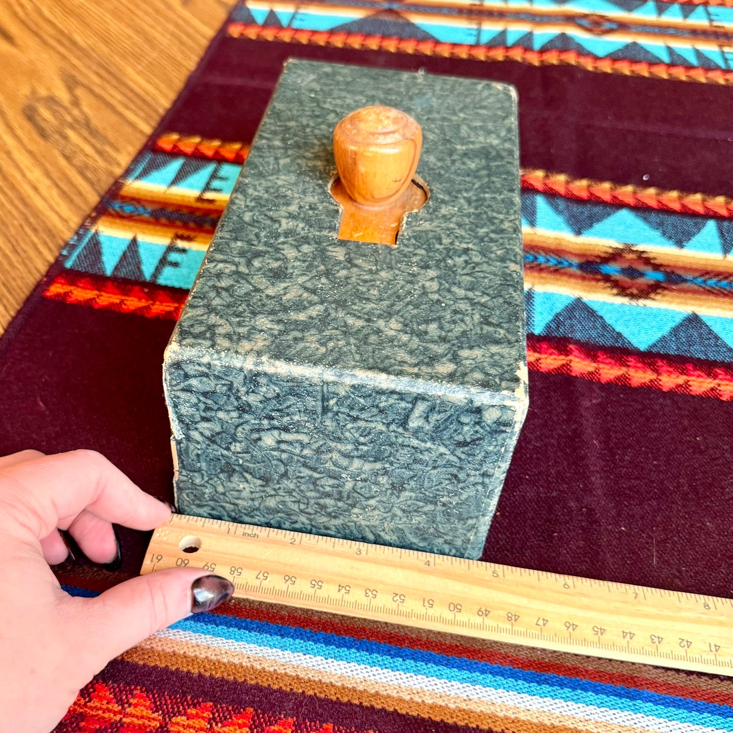 Vintage Mid-Century Modern Solid Wood Poker Chip Caddy with Wooden Chips & Cover