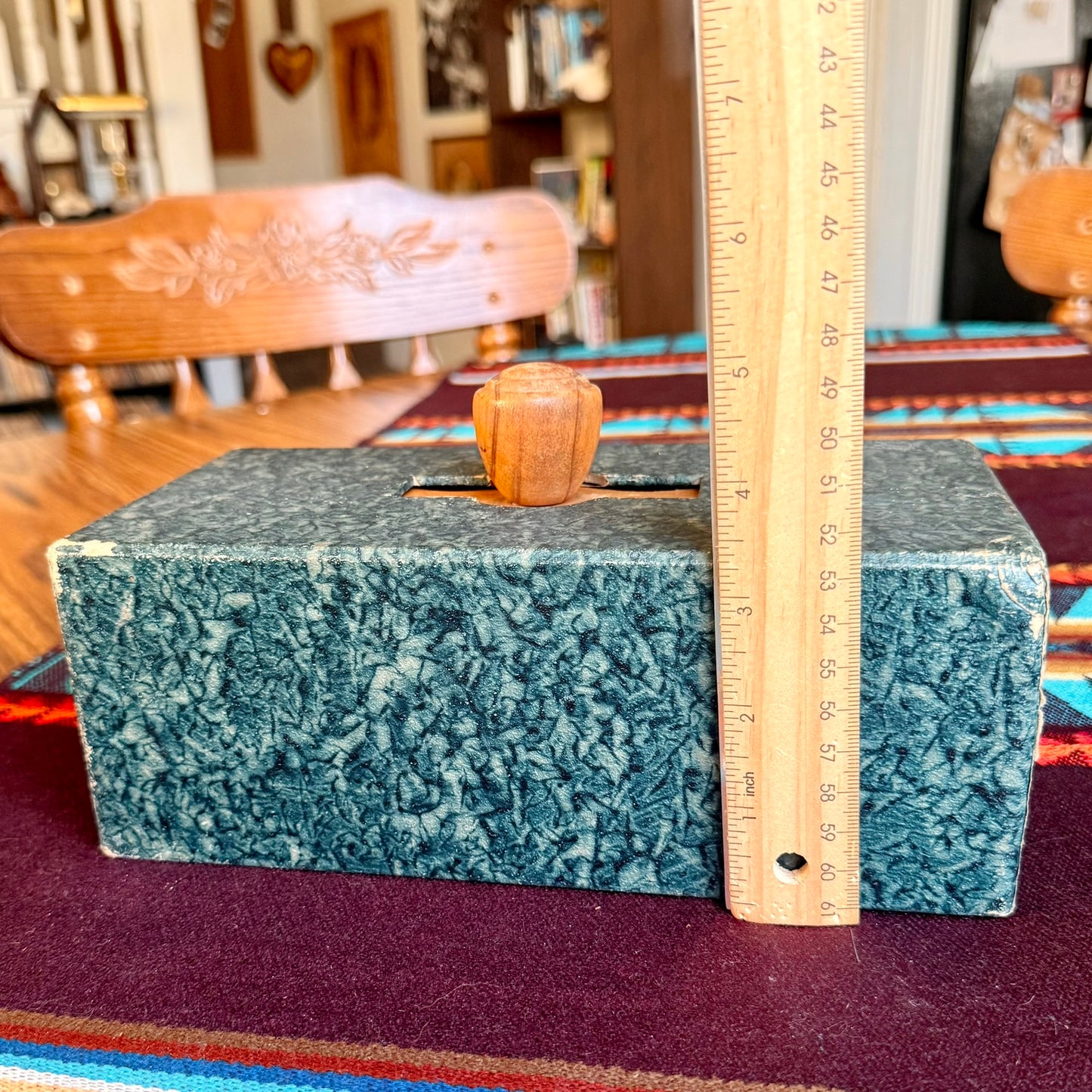 Vintage Mid-Century Modern Solid Wood Poker Chip Caddy with Wooden Chips & Cover