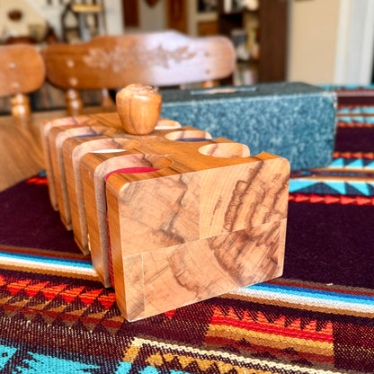 Vintage Mid-Century Modern Solid Wood Poker Chip Caddy with Wooden Chips & Cover