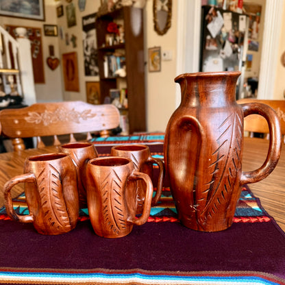 Vintage Handmade Faux Wood Pottery Bohemian Pitcher and Mug Set