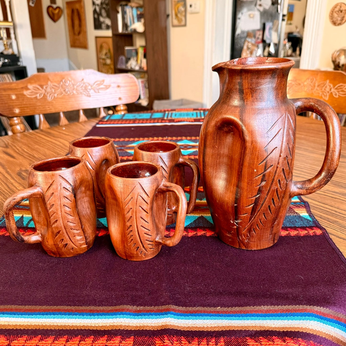 Vintage Handmade Faux Wood Pottery Bohemian Pitcher and Mug Set