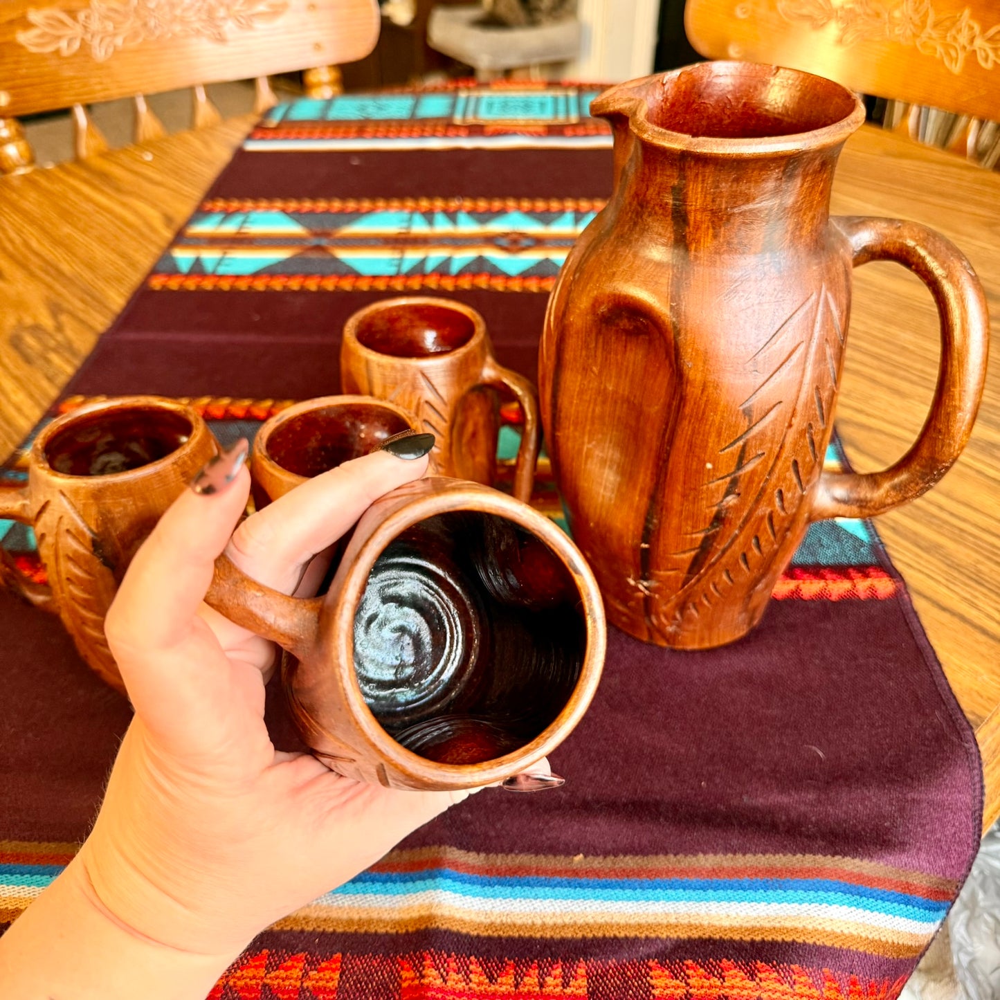 Vintage Handmade Faux Wood Pottery Bohemian Pitcher and Mug Set
