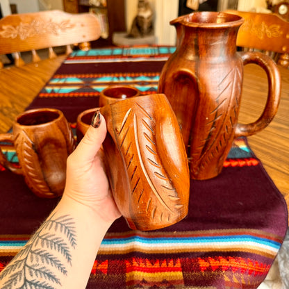 Vintage Handmade Faux Wood Pottery Bohemian Pitcher and Mug Set