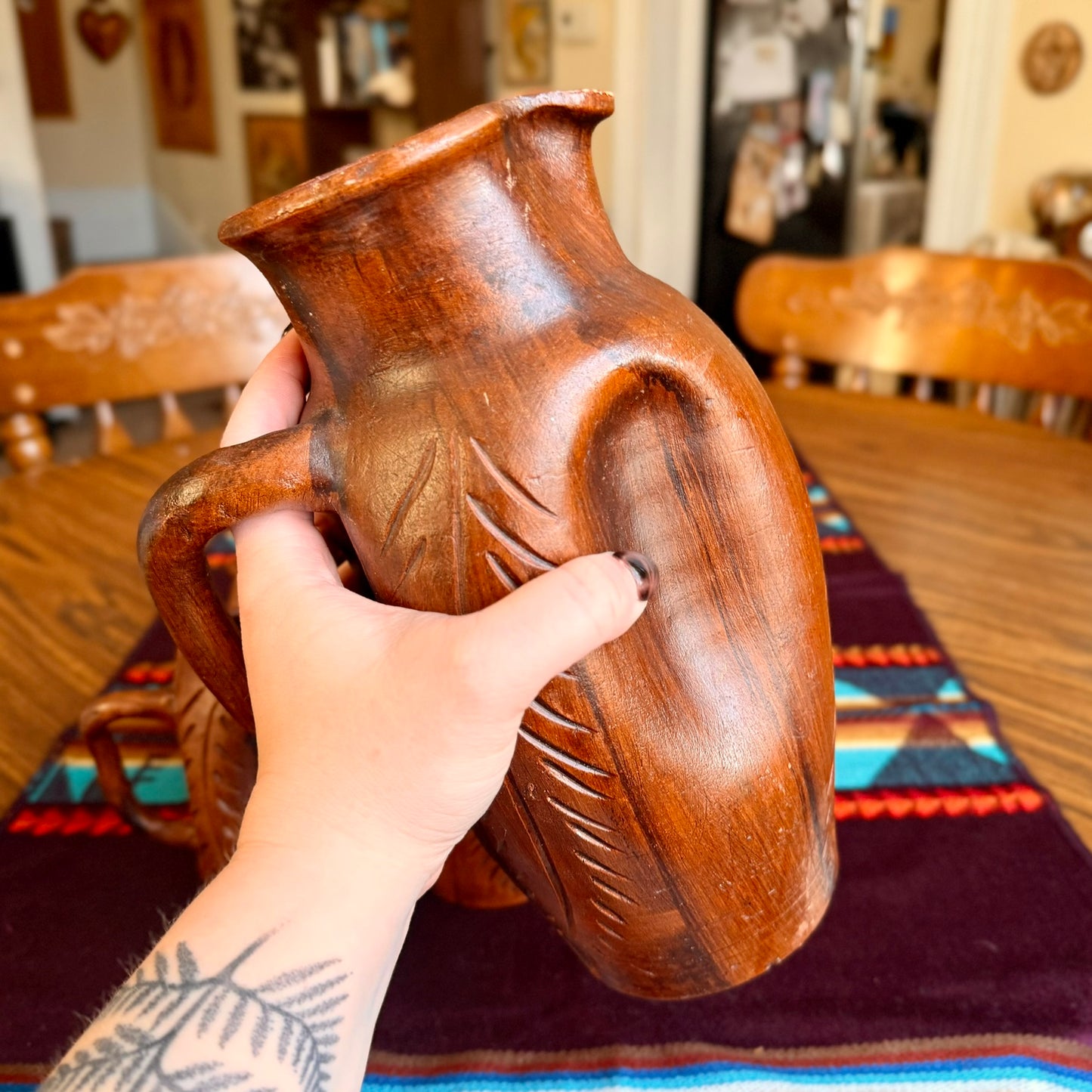 Vintage Handmade Faux Wood Pottery Bohemian Pitcher and Mug Set