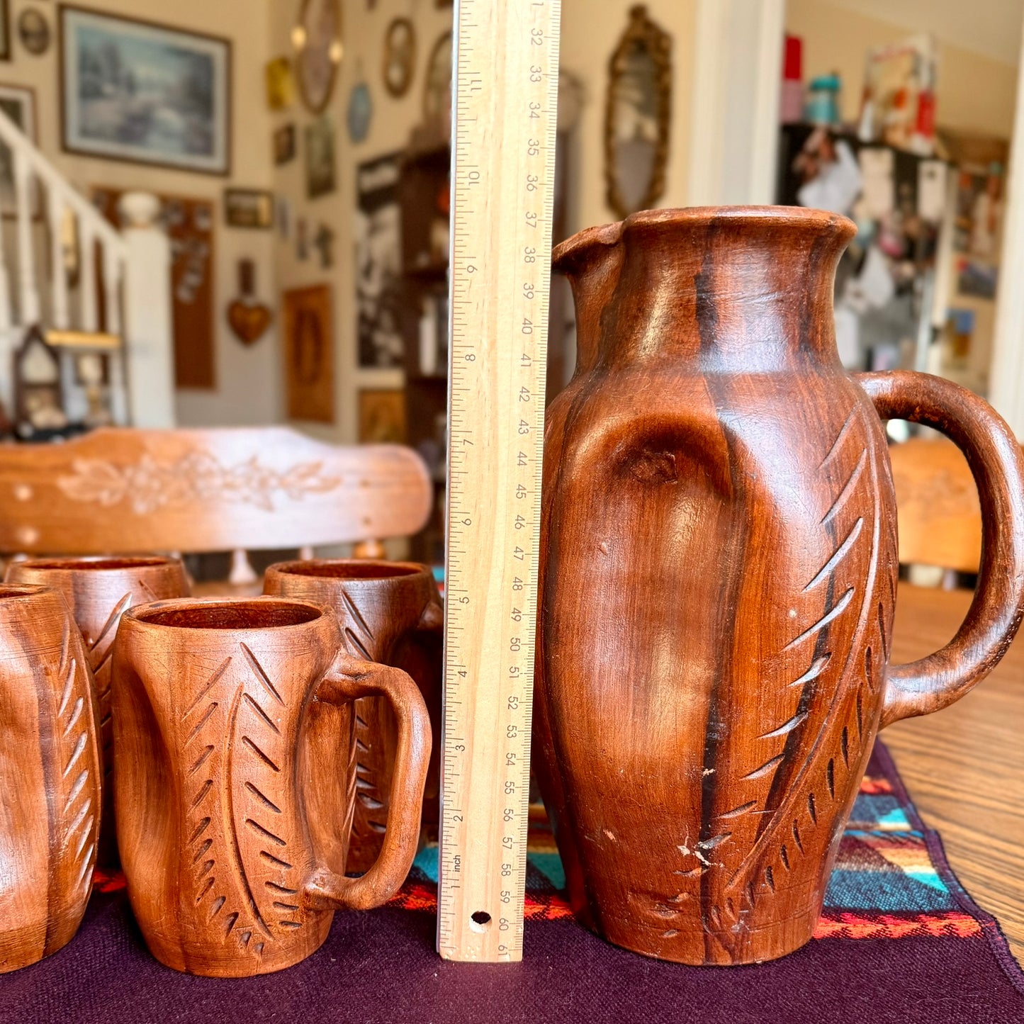 Vintage Handmade Faux Wood Pottery Bohemian Pitcher and Mug Set