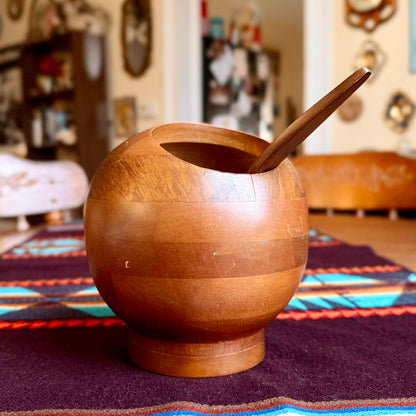 Vintage Hellerware Teakwood Atomic Orb Wooden Serving Bowl and Spoon