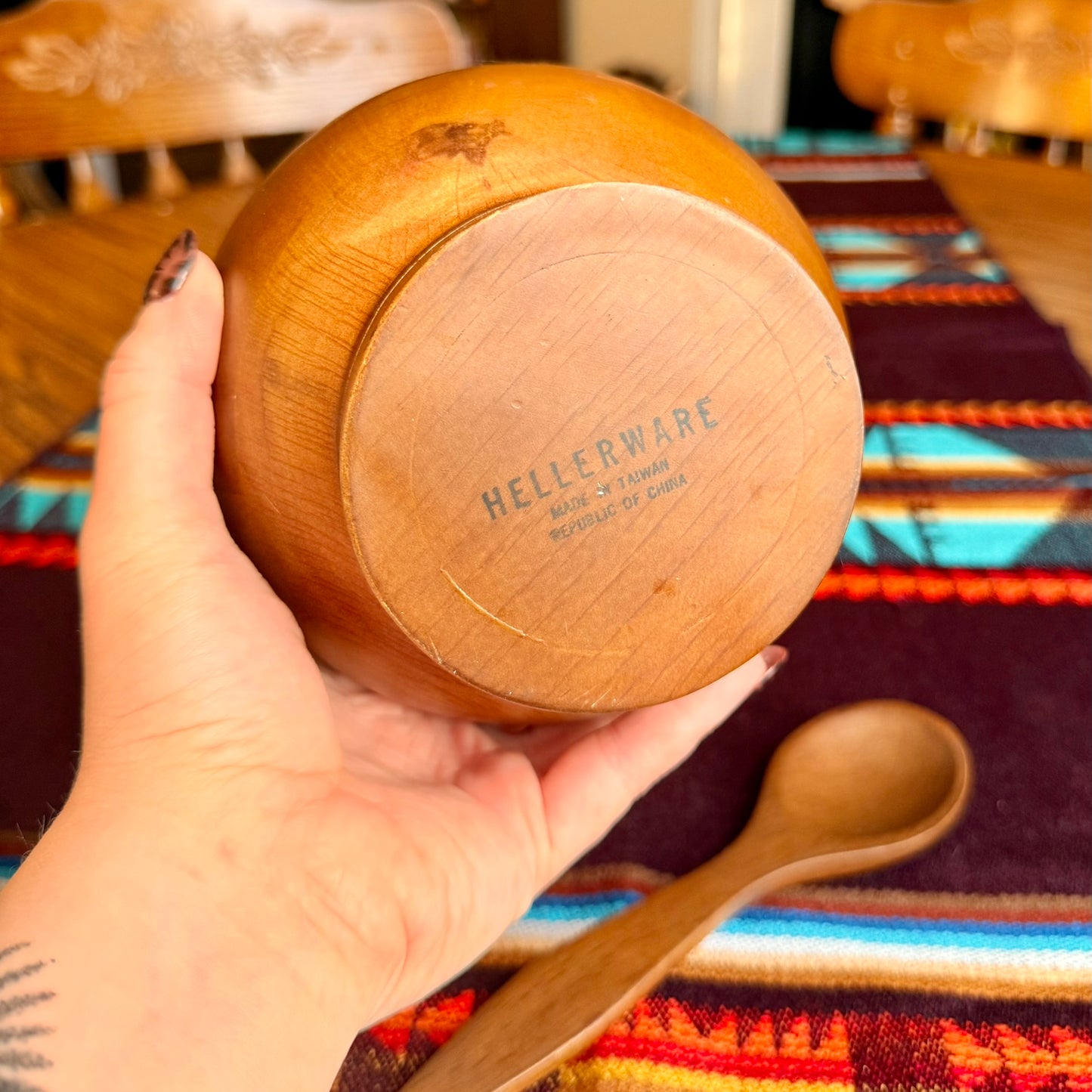 Vintage Hellerware Teakwood Atomic Orb Wooden Serving Bowl and Spoon