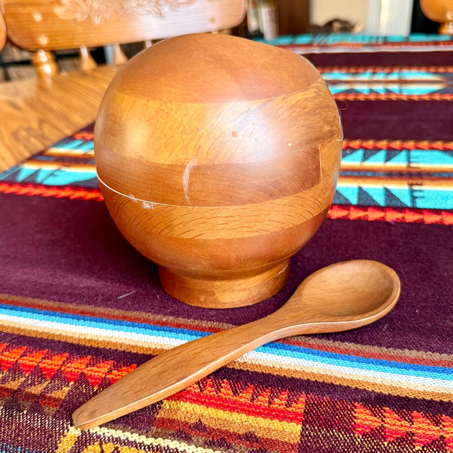 Vintage Hellerware Teakwood Atomic Orb Wooden Serving Bowl and Spoon