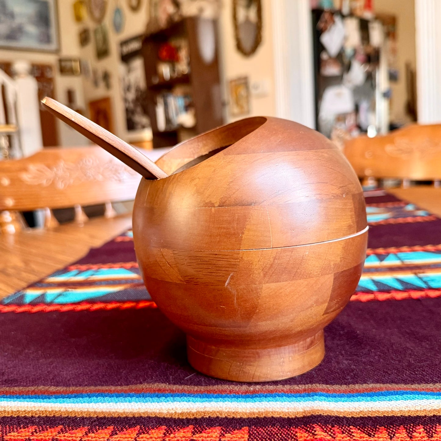 Vintage Hellerware Teakwood Atomic Orb Wooden Serving Bowl and Spoon