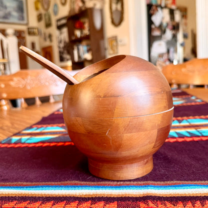 Vintage Hellerware Teakwood Atomic Orb Wooden Serving Bowl and Spoon