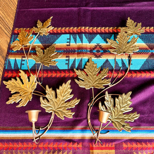 Set of 2 Mid-Century Modern Vintage Brass Maple Leaf Wall Sconces