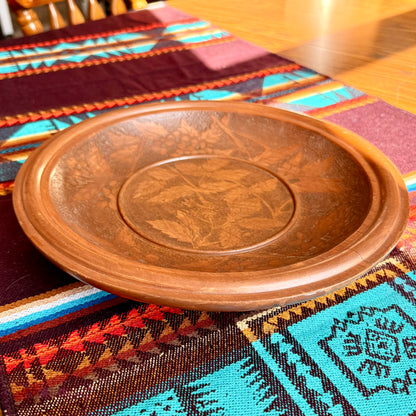 Vintage Hand Carved Solid Wood Bowl with Intricate Floral Botanical Motifs