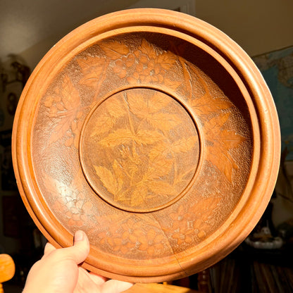 Vintage Hand Carved Solid Wood Bowl with Intricate Floral Botanical Motifs