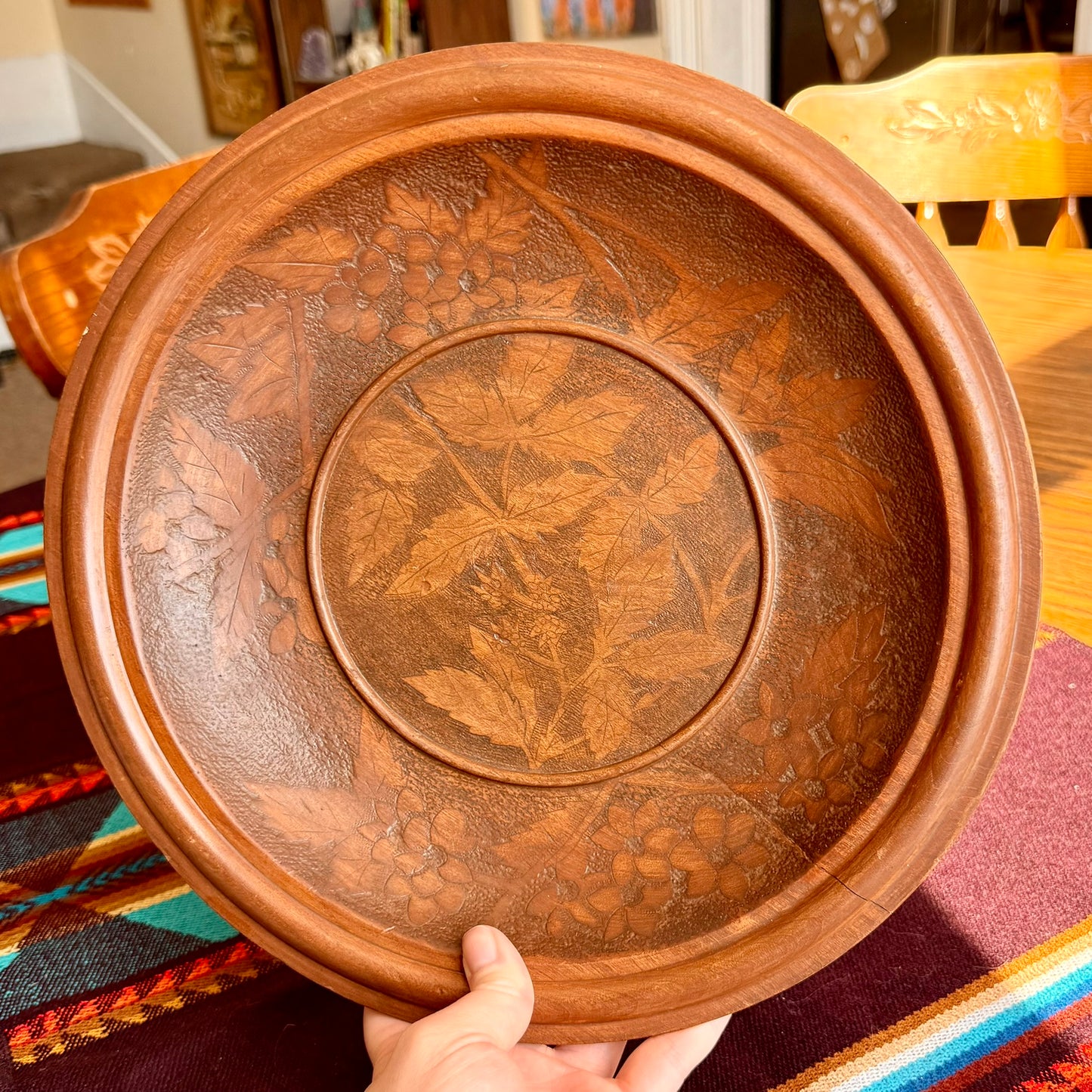 Vintage Hand Carved Solid Wood Bowl with Intricate Floral Botanical Motifs