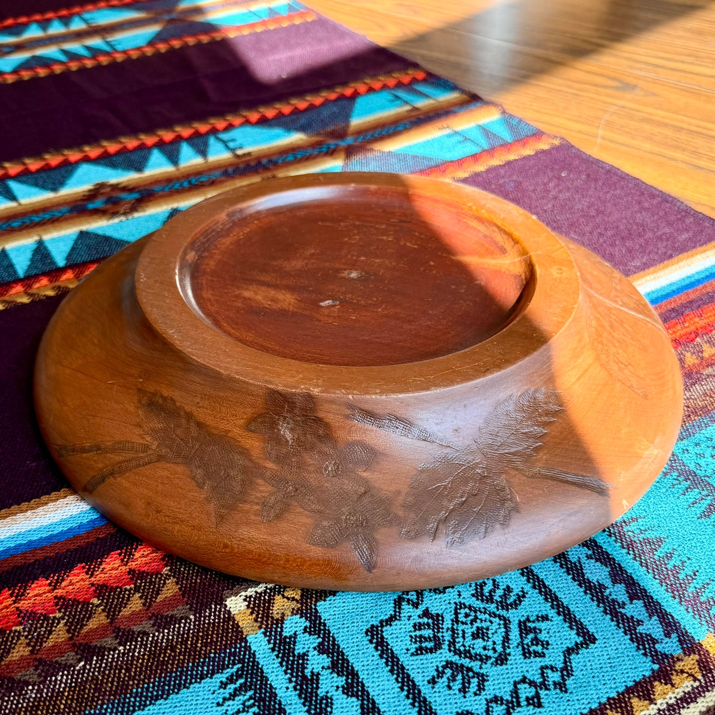 Vintage Hand Carved Solid Wood Bowl with Intricate Floral Botanical Motifs