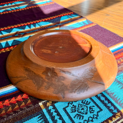 Vintage Hand Carved Solid Wood Bowl with Intricate Floral Botanical Motifs