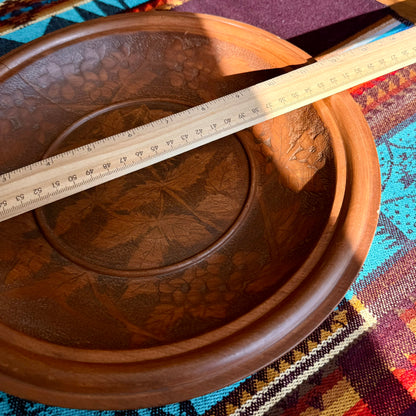 Vintage Hand Carved Solid Wood Bowl with Intricate Floral Botanical Motifs