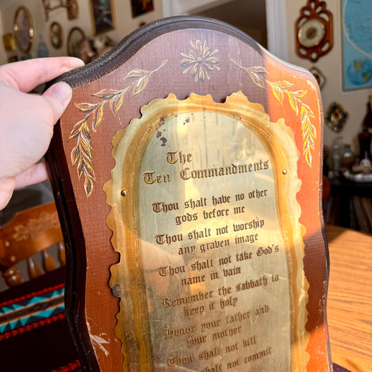 Vintage Homco Solid Wood and Brass Ten Commandments Wall Plaque
