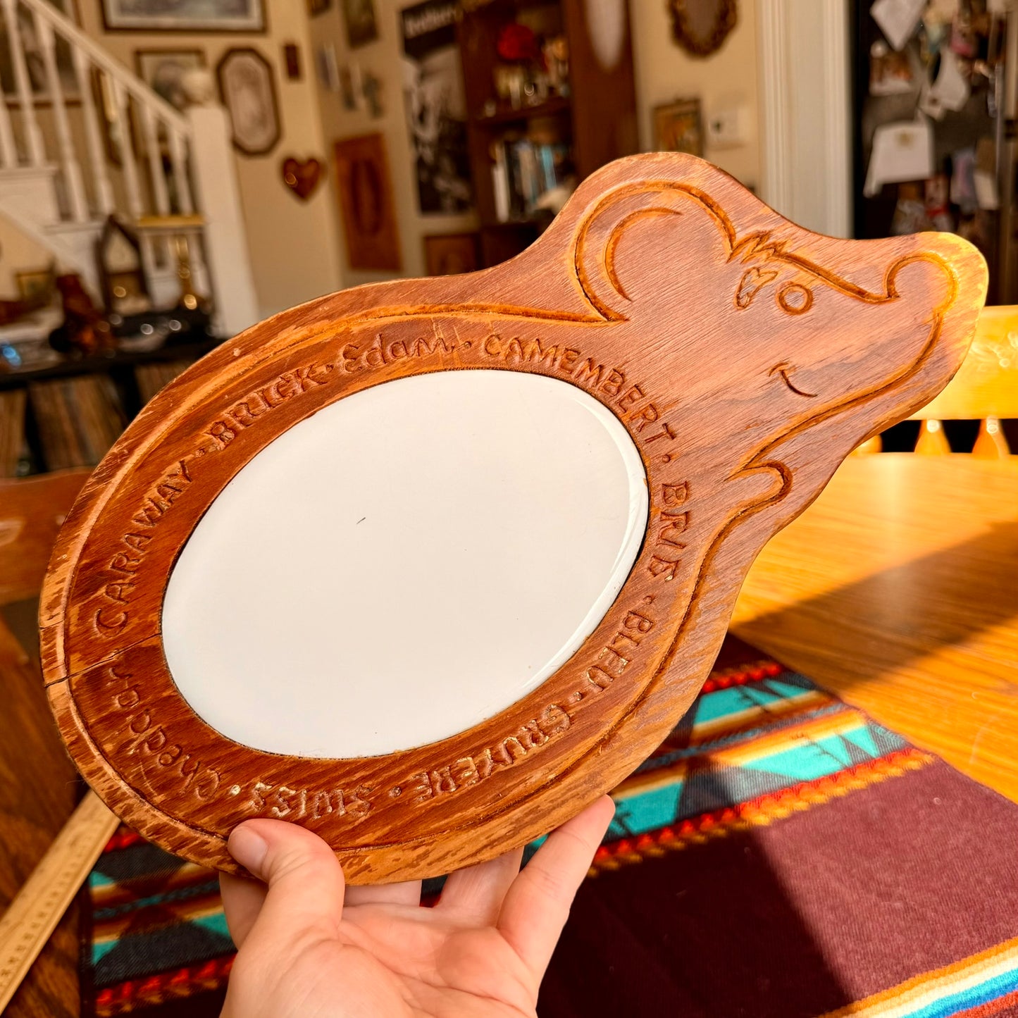 Vintage Wood and Ceramic Carve Mouse Cheese Plate