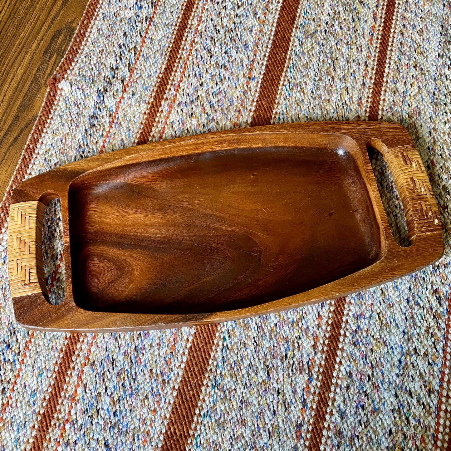 Mid-Century Modern Solid Acacia Koa Wood Gondola Tray with Rattan Handles