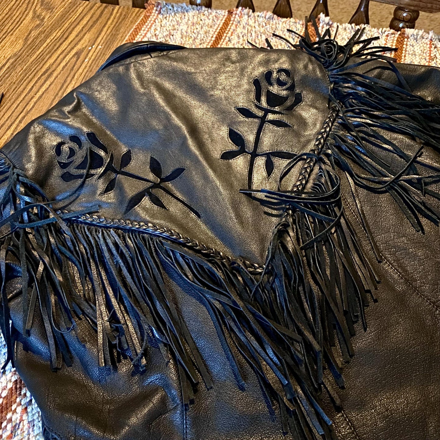 Vintage Barney’s Heavy Black Leather Biker Jacket with Fringe and Rose Accents