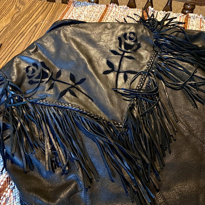 Vintage Barney’s Heavy Black Leather Biker Jacket with Fringe and Rose Accents