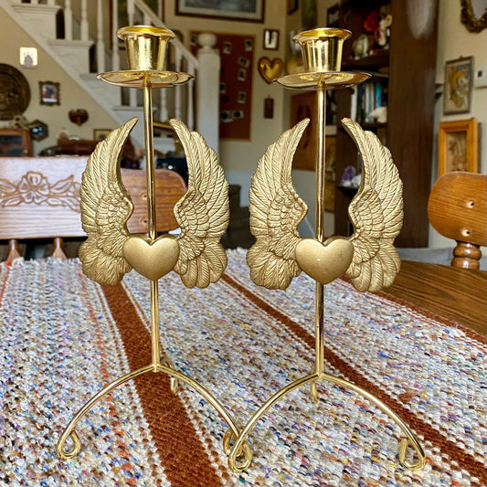 Set of Two Vintage Brass Pillar Candle Holders Adorned with Ornate Hearts with Wings