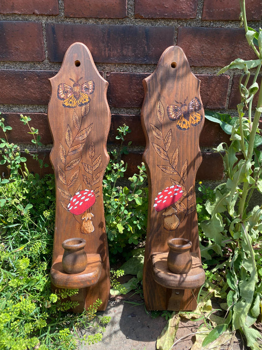 MCM Style Wooden Wall Candle Holders with Butterfly and Mushroom Design