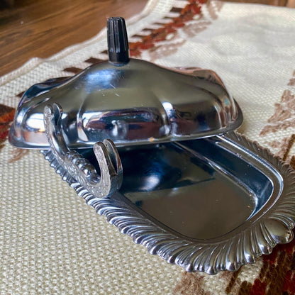Vintage Chrome Ornate Butter Dish With Knife Holder