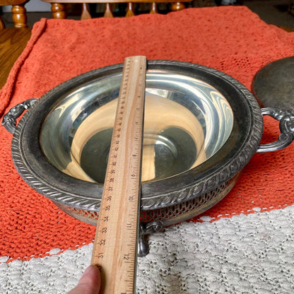 Mid-Century Footed Silver Plated Covered Chafing Dish Casserole Warmer