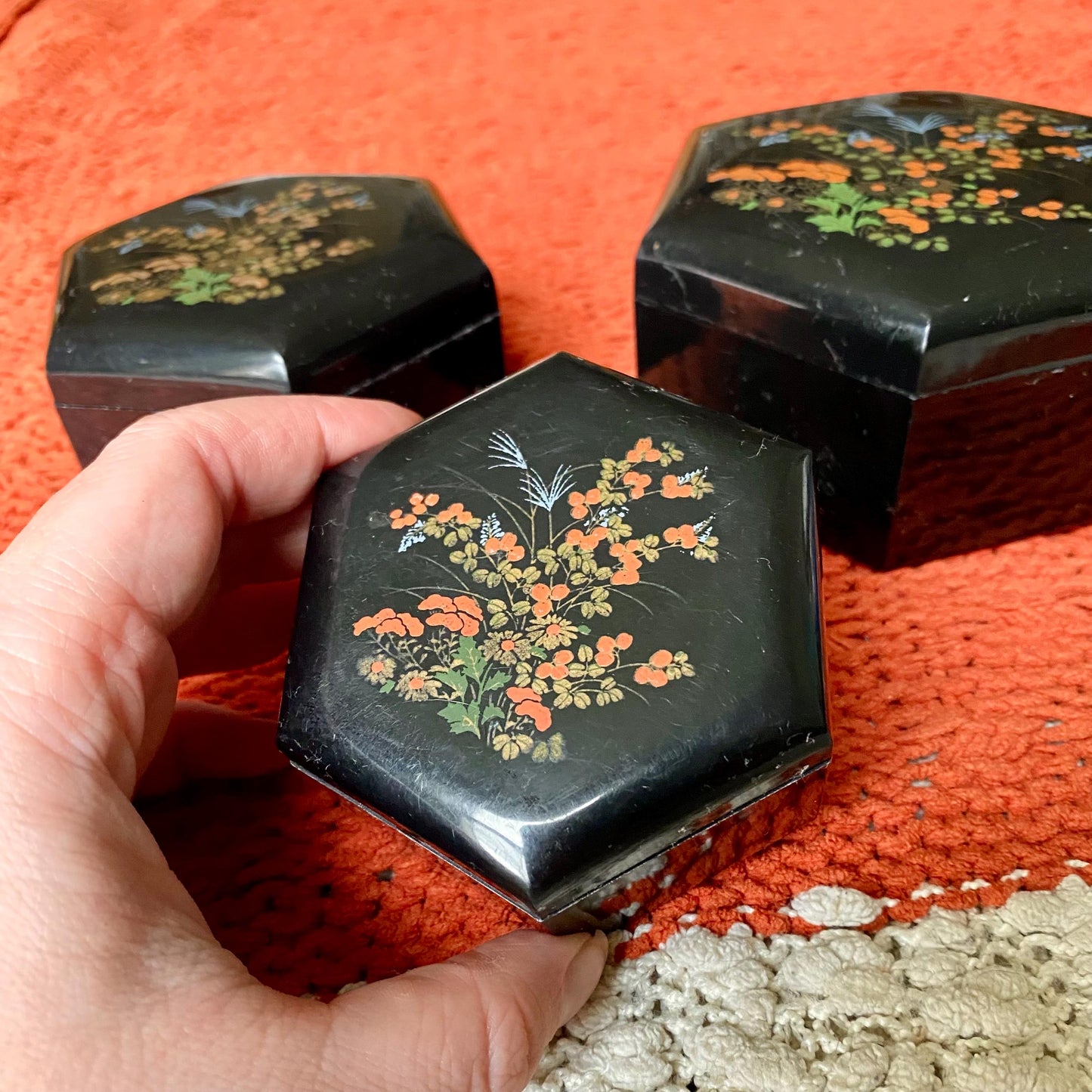 Set of 3 Vintage Asian Style Floral Nesting Trinket Boxes