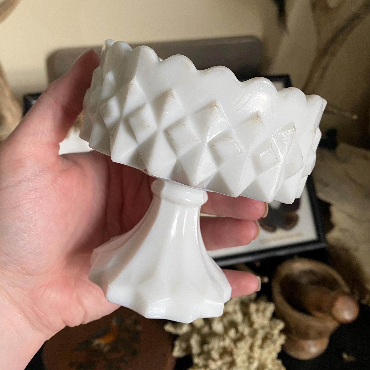 L.E. Smith Carousel Milk Glass Candy Dish (Missing Lid)