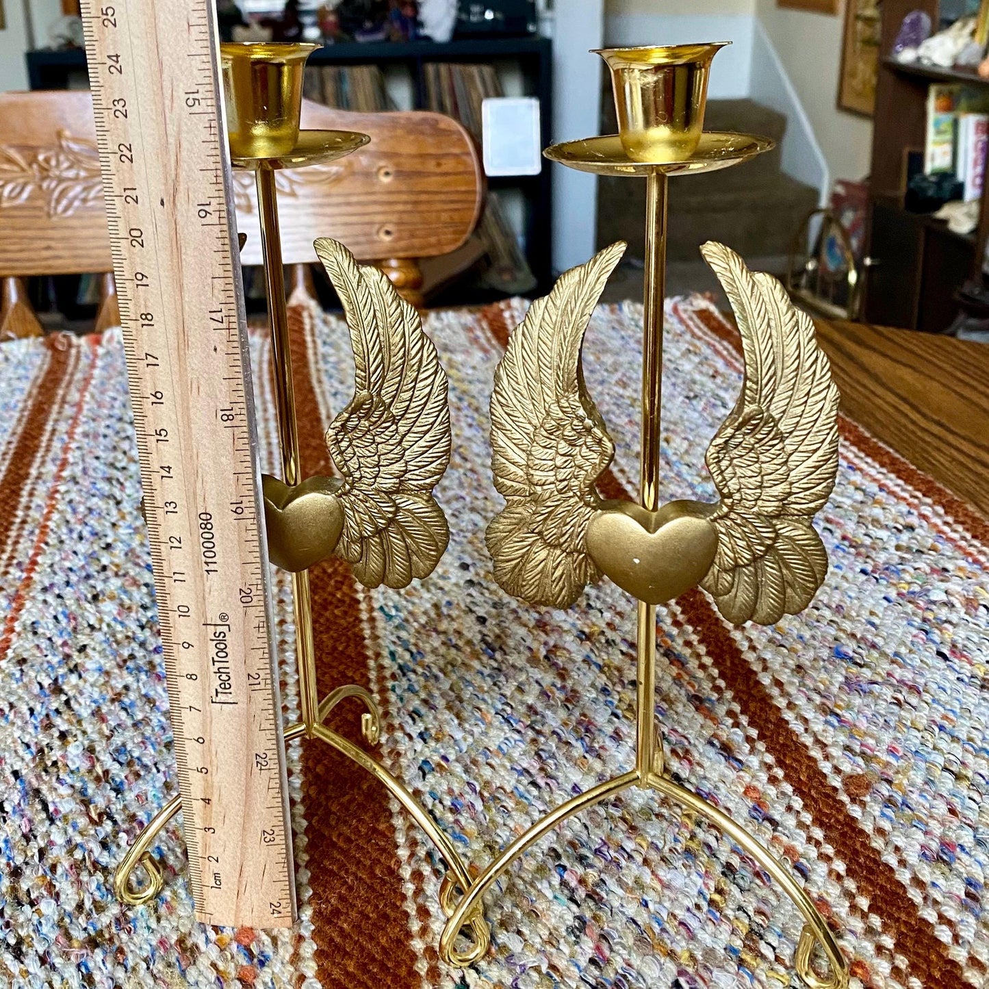Set of Two Vintage Brass Pillar Candle Holders Adorned with Ornate Hearts with Wings
