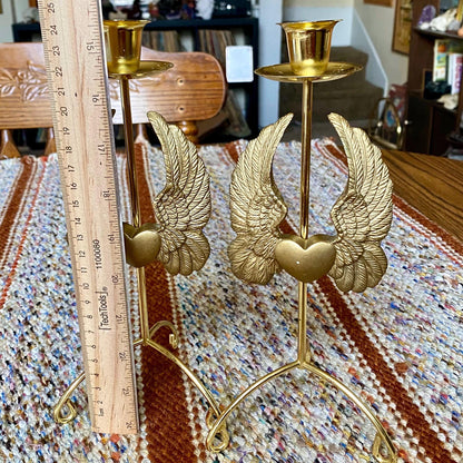 Set of Two Vintage Brass Pillar Candle Holders Adorned with Ornate Hearts with Wings