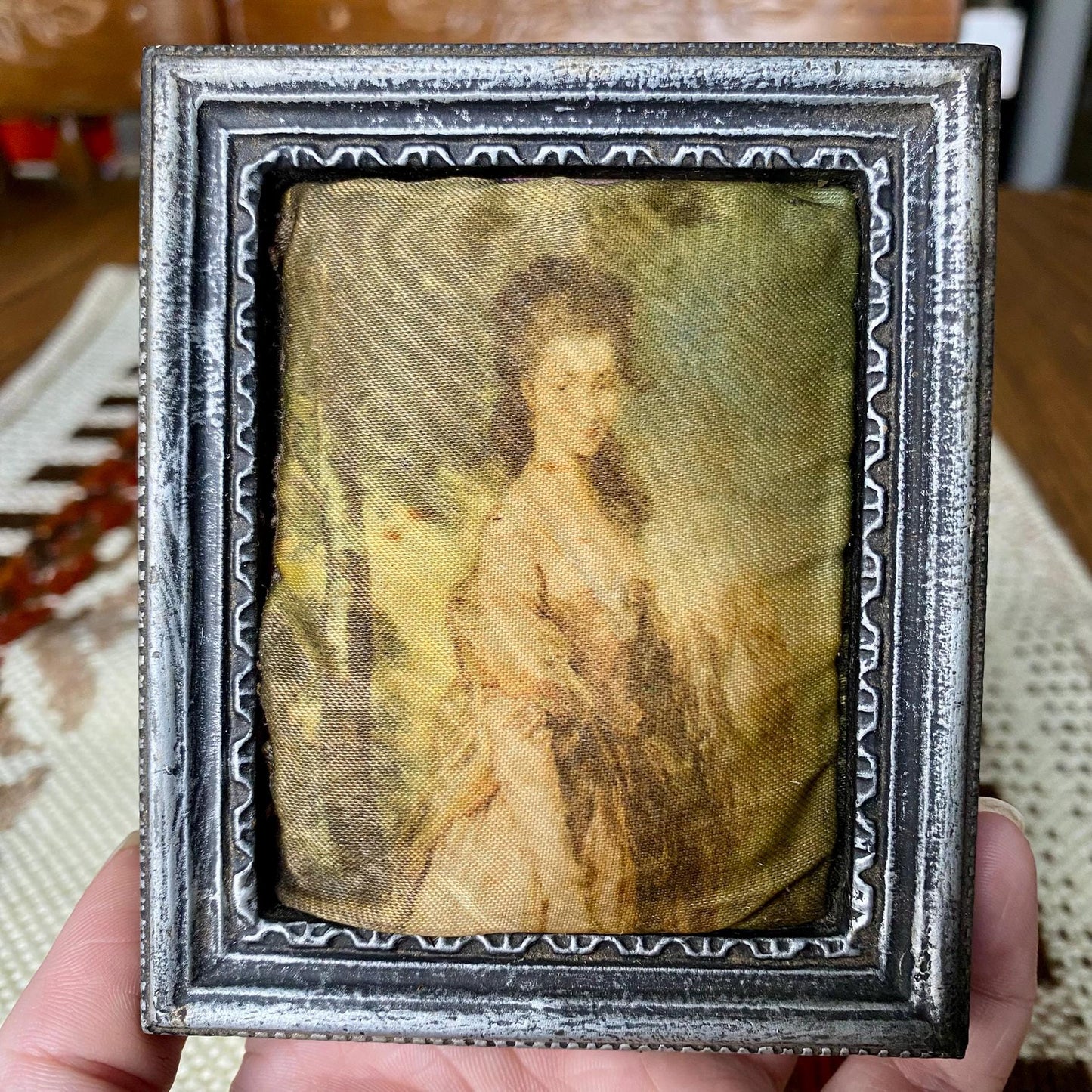 Two Small Puffed Antique Silk Print Picture Frames - Made in Italy