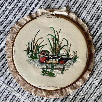 Vintage Duck Themed Hand Embroidered Hoop with Lace Trim